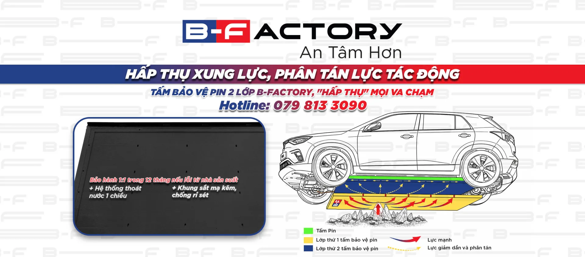 Công nghệ đặc biệt từ B-Factory giúp hấp thụ xung lực, phân tán lực tác động, bảo vệ toàn diện trái tim pin xe điện của bạn