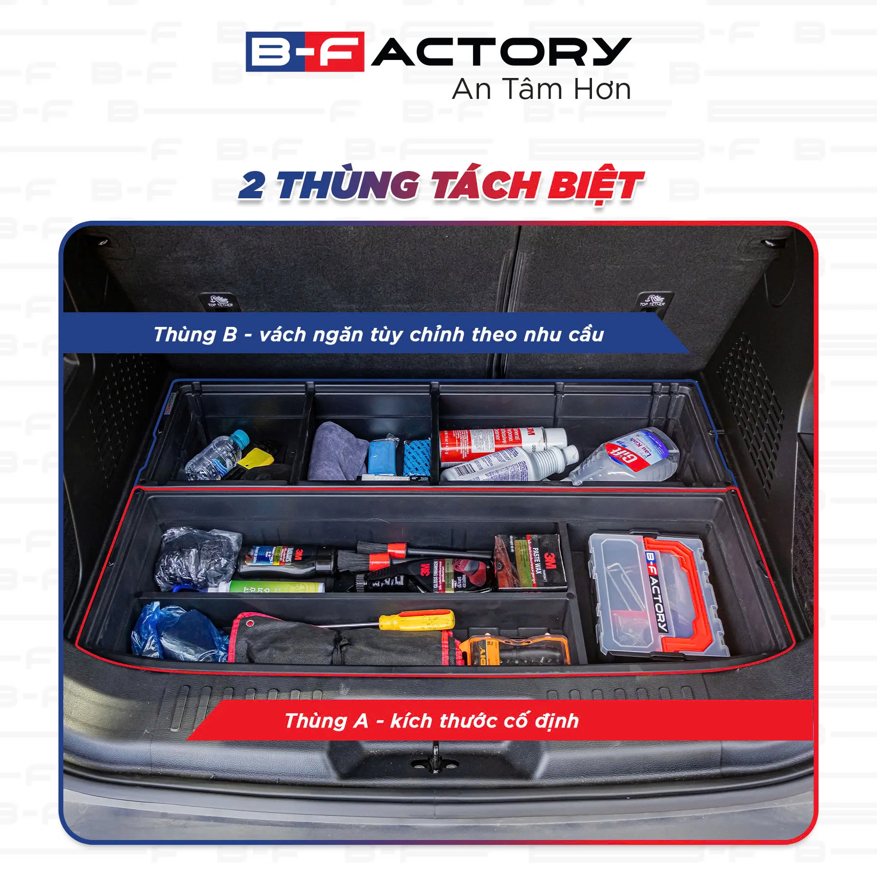 Thùng đựng đồ cốp sau VF 6 của B-Factory với vách ngăn linh động tháo rời tiện lợi
